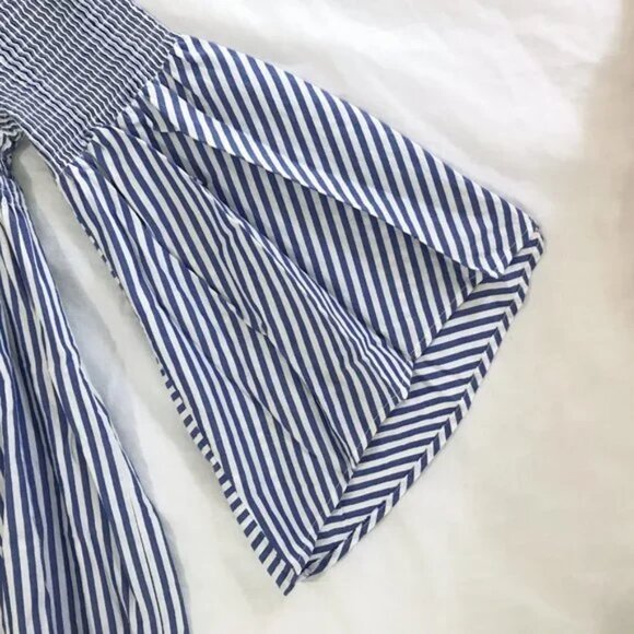 Zara Smocked Dress Bell Sleeve Blue White Striped Casual Dress S - Picture 10 of 15